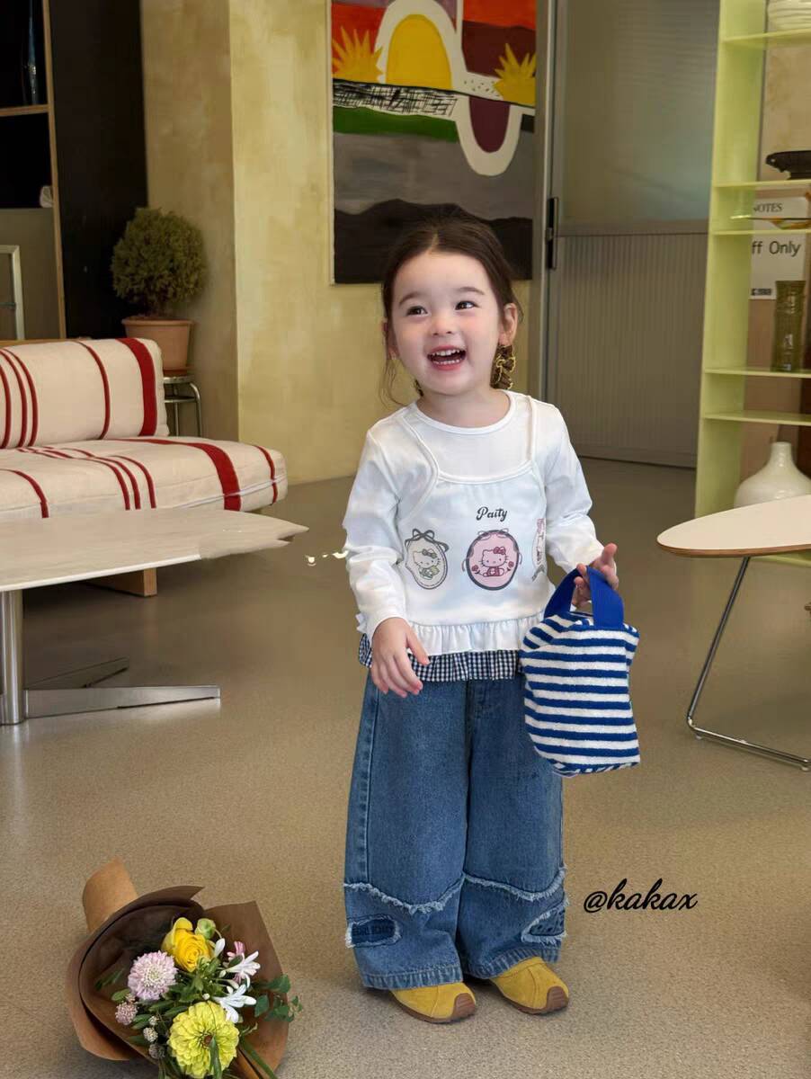 Sweet Little Girl Autumn Long Sleeve Outfit T New Korean Style Fashionable Baby Girl Fake Two-Piece Lace Base Shirt Top