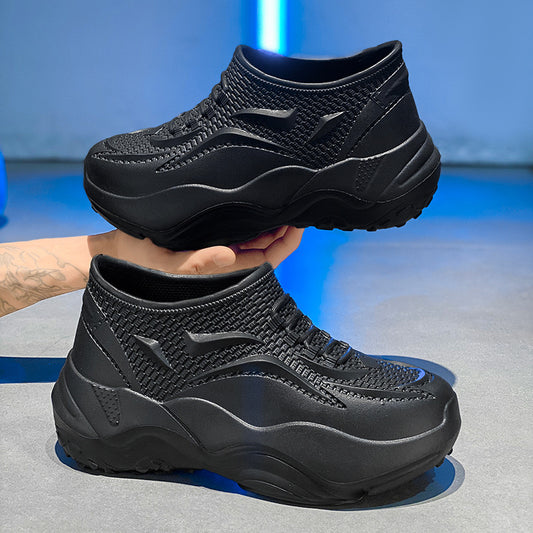 Kitchen Non-Slip Shoes for Men, Summer Breathable Thick Sole Pure Black Chef Waterproof Work Shoes, Outdoor Sports Fishing Rubber Shoes