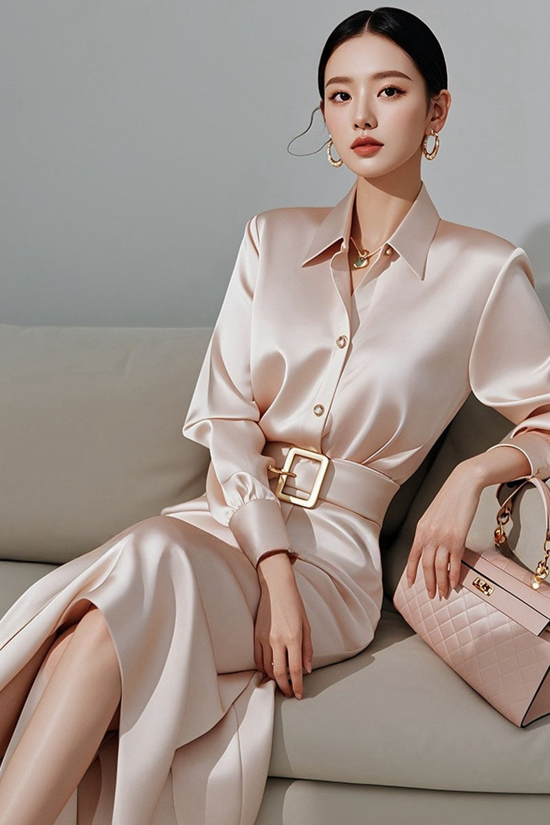 2025Spring French Style for Important Occasions Elegant and High-End Champagne Color Shirt Dress
