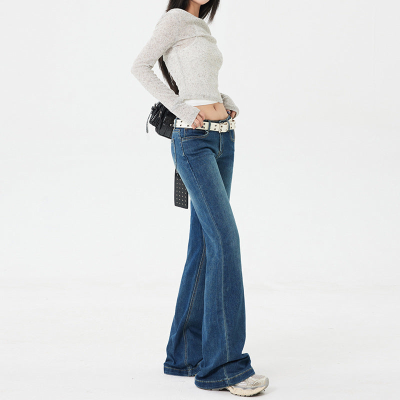 American Style Spicy Girl Retro Flared Jeans for Women Spring and Autumn2025New dark blue low-waist wide-leg floor-length pants