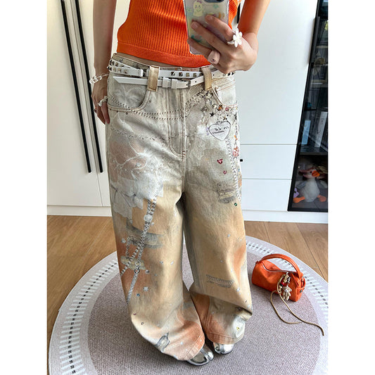 Colorful Inkjet Heavy Pattern Printed Jeans for Women, Unique Design, Loose Straight Wide-Leg Floor-Length Pants
