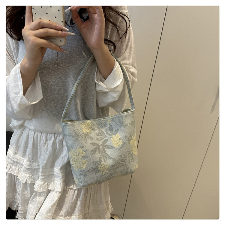 Lady's New Chinese Style Starlight Dream Tote Bag Black Shoulder Bag Embroidered Flower Vintage Handbag