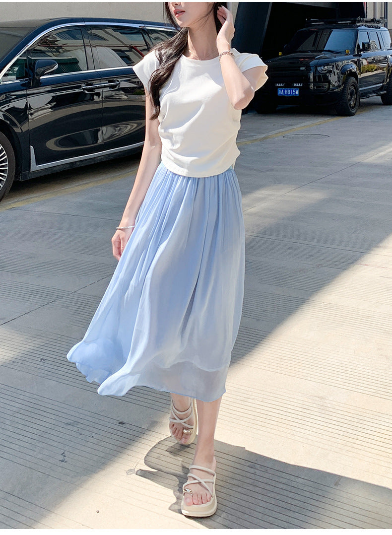 High-end Flowing Sheer Skirt for Women in Summer2025New Style Glassy Sheer Large Hem Mid-Length Draped a Women's pleated skirt