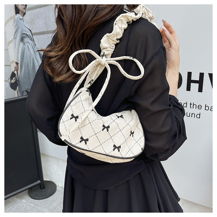 Sweet Bow Plaid Single Shoulder Underarm Crescent Bag2024Autumn new simple casual large capacity handbag