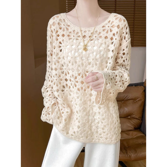 Early Autumn New Chinese Style Heavy Crochet Hollow Knit Sweater for Women100Commuting Autumn Lazy Style Sweater Cardigan