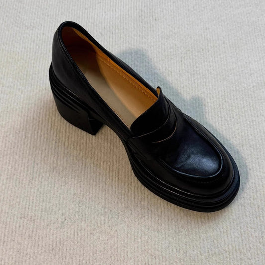Soft Leather Version~Lancui Thick-Soled Chunky Heel Loafers for Women, Retro Style, Height-Increasing Slip-On Simple Leather Shoes for Petite Women