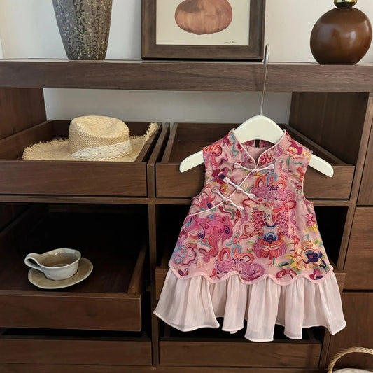 【Sweet Little Chef】Yuyue Longmen！Baby Girl New Chinese Style National Style Cheongsam Vest Fish Tail Skirt One-Year-Old Dress