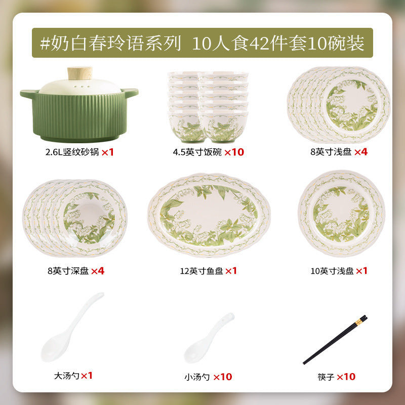 Lily of the Valley Bowl and Plate Set Household Ceramic Tableware Set Pastoral Style High-Value Underglaze Color Vegetable Plate Soup Plate Bowl and Chopsticks