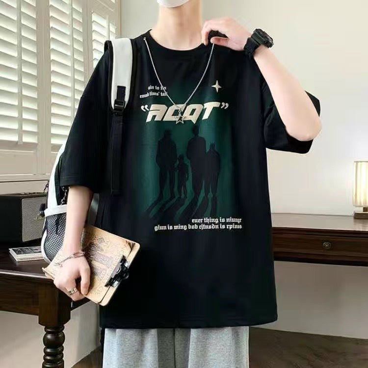 2025Summer New Men's Youth Casual Stylish Trendy Loose Short Sleeve T Shirt Gradient Color for Middle and High School Students