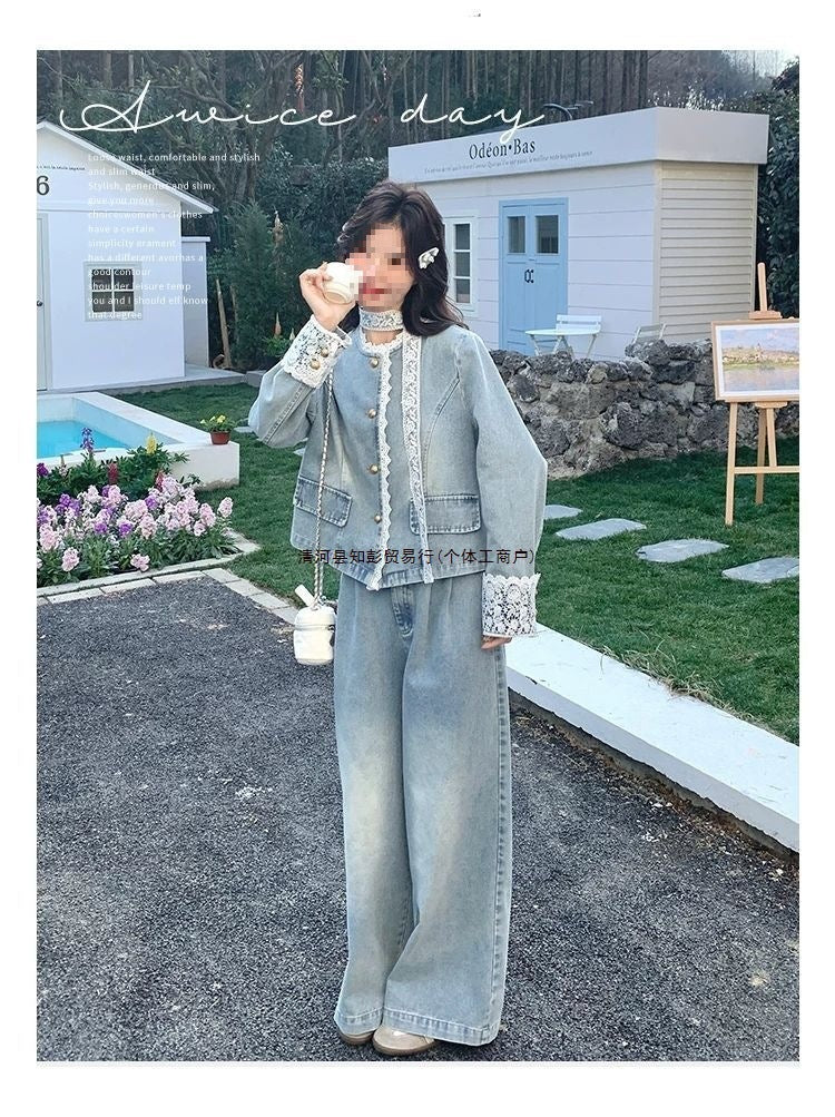 Lace patchwork denim wide-leg pants set for women spring and autumn2025The new two-piece set is absolutely stunning and super trendy