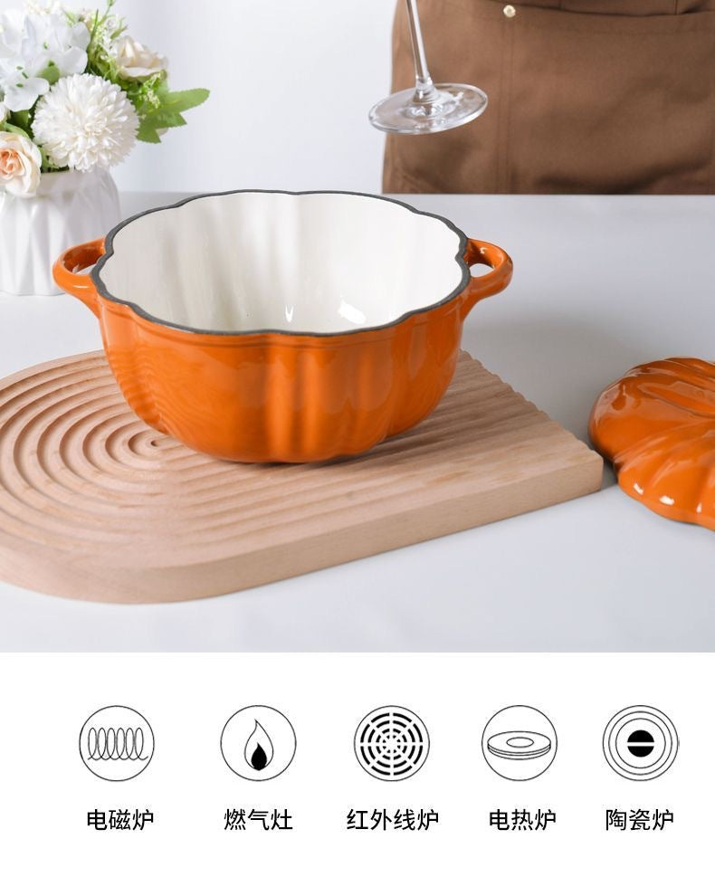 Enamel Pot Pumpkin Shape Enamel Pot Soup Stew Multifunctional Pot Household Enamel Soup Pot Induction Cooker Compatible