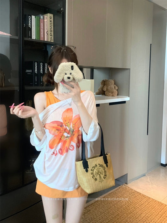 Korean style sweet floral letter print short sleeve T Women's Summer T-shirt2025New off-shoulder design casual top