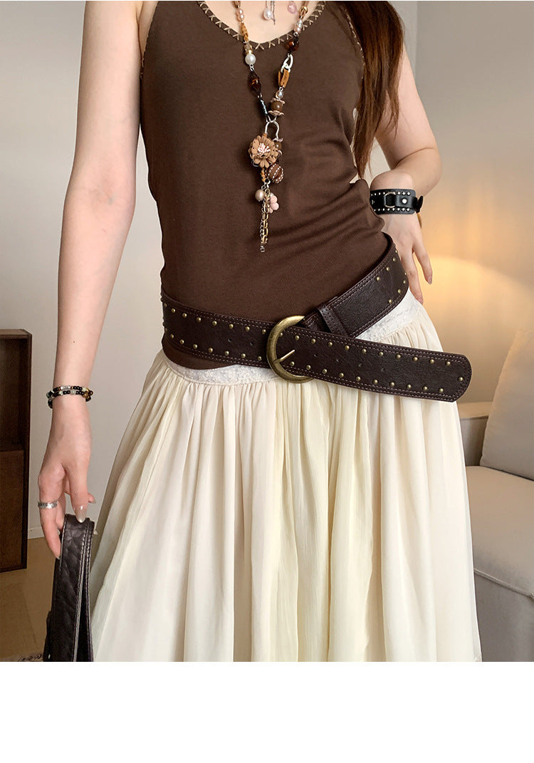 Vintage Western Style Brown Studded Belt for Women, Niche Design Flower Waist Rope for Dresses and Jeans, Waist Cincher Accessory