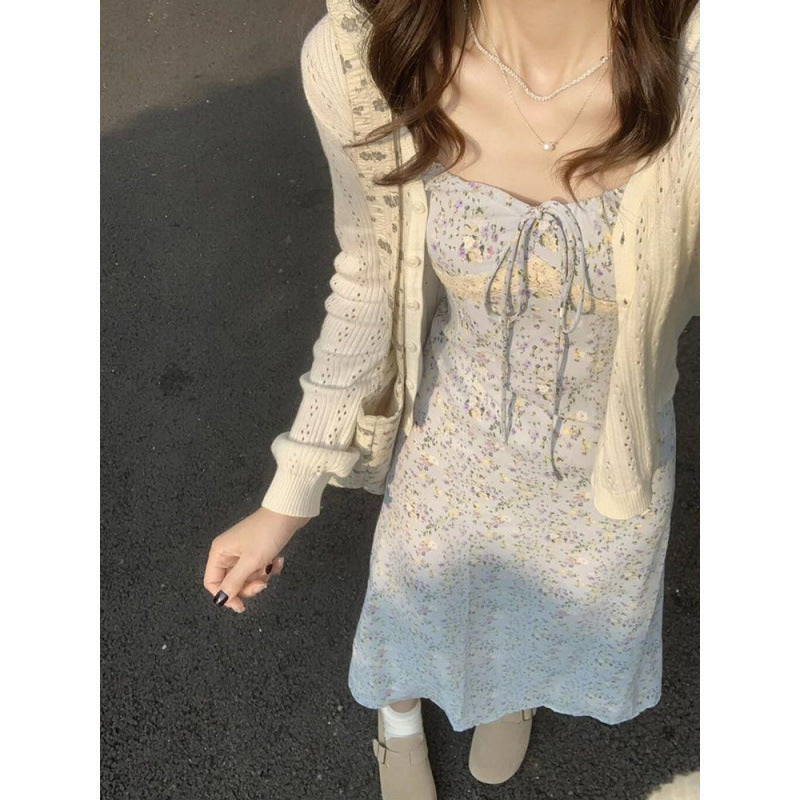 Petite Dress Sun Protection Cardigan Lace Two-Piece Set Tea Break Style Sweet Floral New Strap Outfit Set