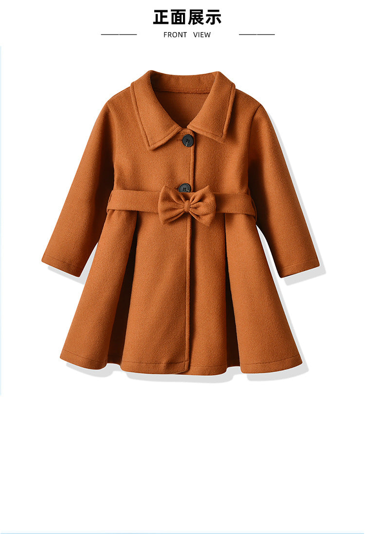 Cross-Border E-commerce Children's Coat Autumn Girls' Bow Thickened Korean Style Mid-Length Woolen Coat Manufacturer Wholesale