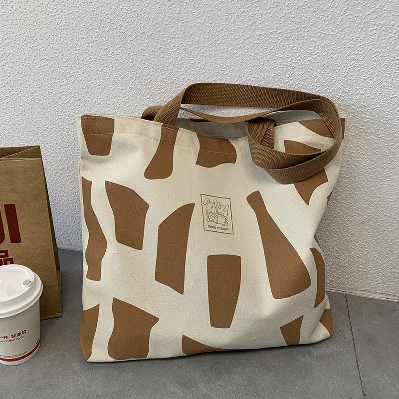Canvas bag for women, single shoulder, suitable for college students to carry books ins Korean Style Zippered Artistic Design Handheld Canvas Bag