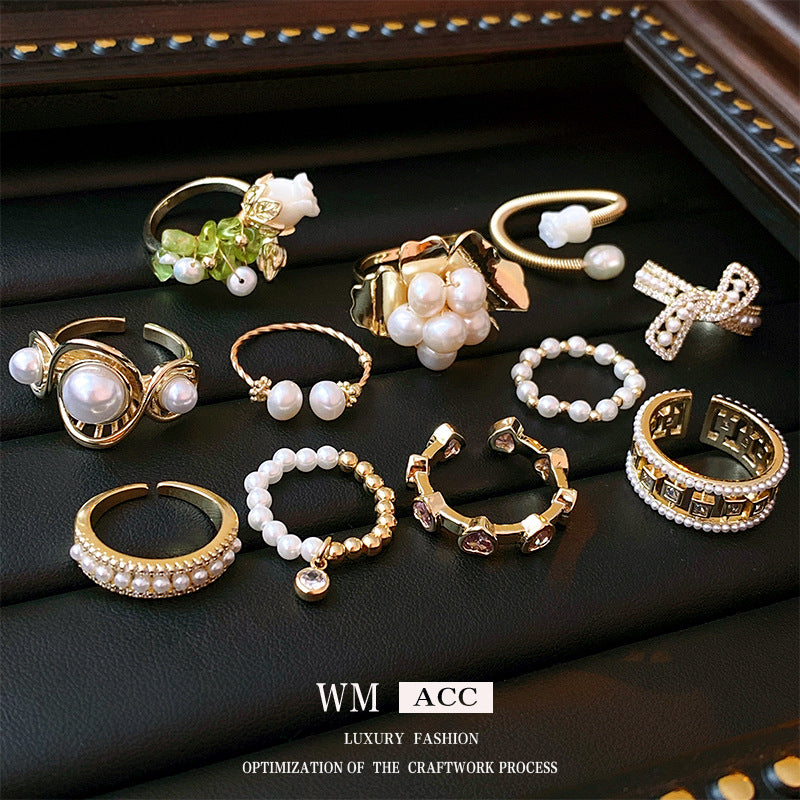 Real Gold Plated Baroque Pearl Tulip Flower Open Ring Korean Fresh Sweet Forest Style Light Luxury Jewelry
