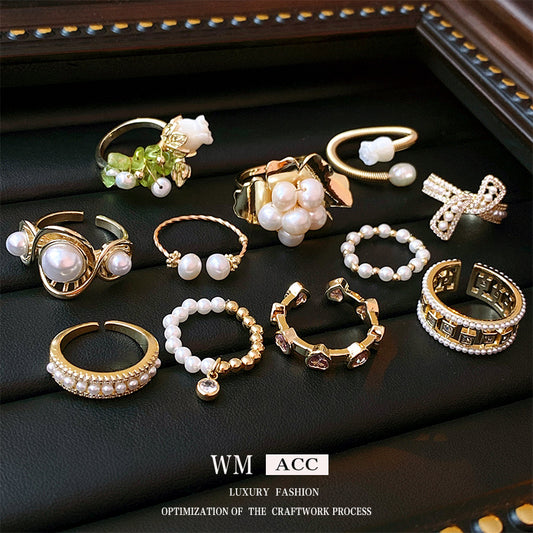 Real Gold Plated Baroque Pearl Tulip Flower Open Ring Korean Fresh Sweet Forest Style Light Luxury Jewelry