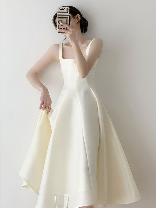 French Style Light Wedding Dress Solid Color Satin Simple Petite Host Adult Ceremony Party Banquet Evening Dress Suitable for Daily Wear