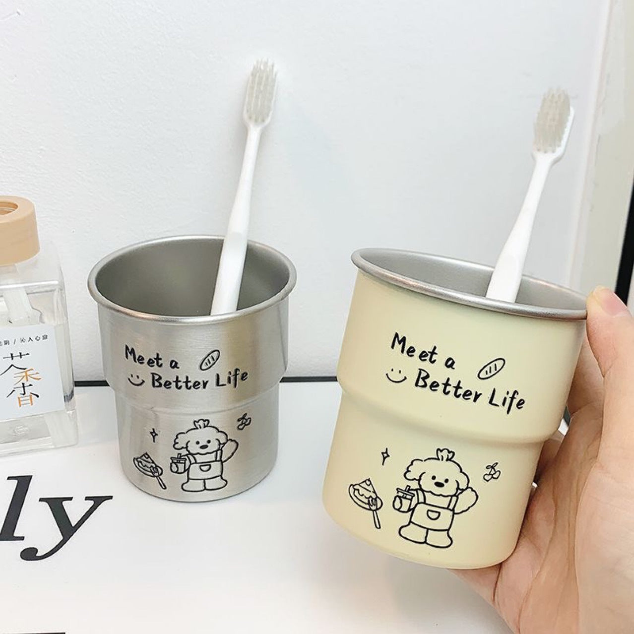 ins Cute Bichon Frise Dog Mouthwash Cup304Stainless Steel Step Simple High-Value Couple Toothbrush