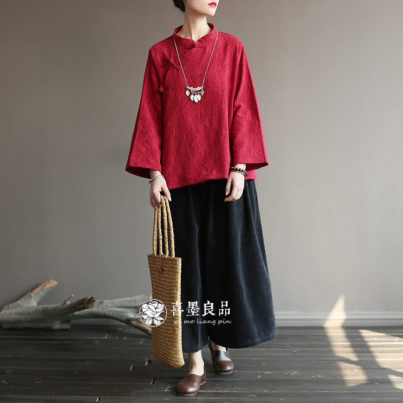 8813Xi Mo Women's Clothing Republic of China Retro Artistic Spring and Autumn New Double Layer Jacquard Button Shirt Chinese Style Short Top