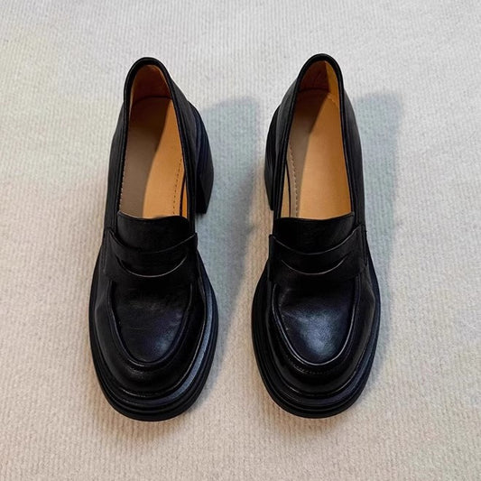 Soft Leather Version~Lancui Thick-Soled Chunky Heel Loafers for Women, Retro Style, Height-Increasing Slip-On Simple Leather Shoes for Petite Women