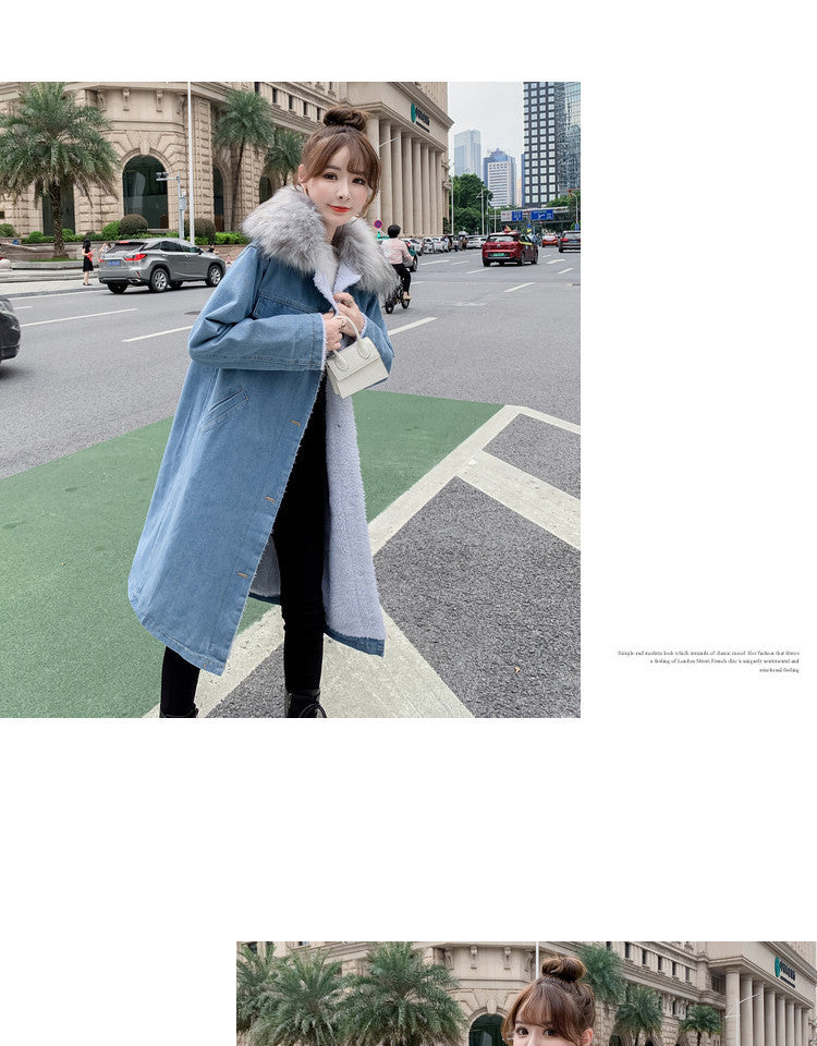 2022Winter New Mid-Length Large Fur Collar Fleece-Lined Lamb Wool Denim Jacket for Women Loose Casual Cotton Coat