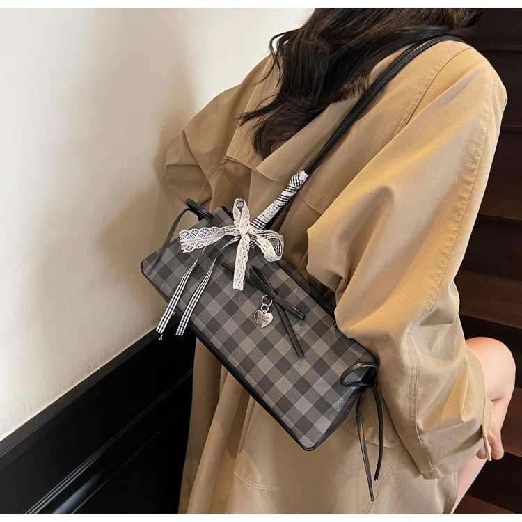 Dopamine Plaid Handbag Small Tote Bag for Women Summer2025New Ballet Style Bow Baguette Bag Underarm Bag Trendy