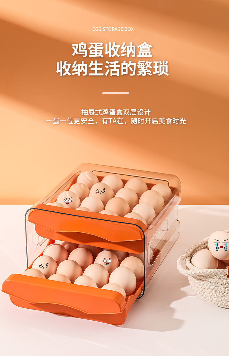 Ruge Transparent Double Layer Fresh-Keeping Box Kitchen household plastic sealed egg carton Drawer-style Refrigerator Storage Box