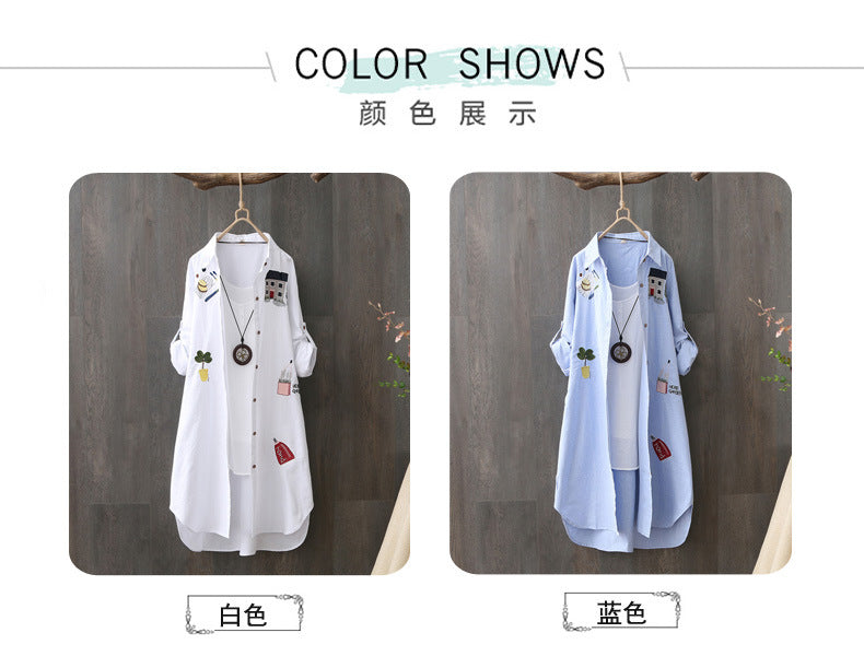 In Stock Japanese and Korean Style Spring Summer Two-Way Cotton Shirt for Women Loose Mid-Length Top Artistic Embroidery Short Sleeve Jacket