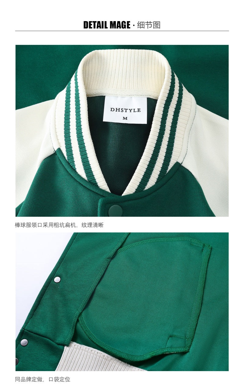 380g Trendy American Style Raglan Baseball Jacket Custom Spring Autumn Unisex Color Block Cardigan Workwear with Printing logo