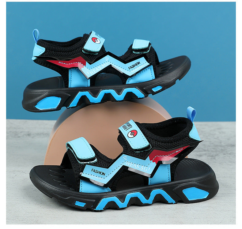 Boys' Fashion Sandals Summer New Children's Velcro Big Kids Student Sports Soft Sole Beach Shoes Non-Slip
