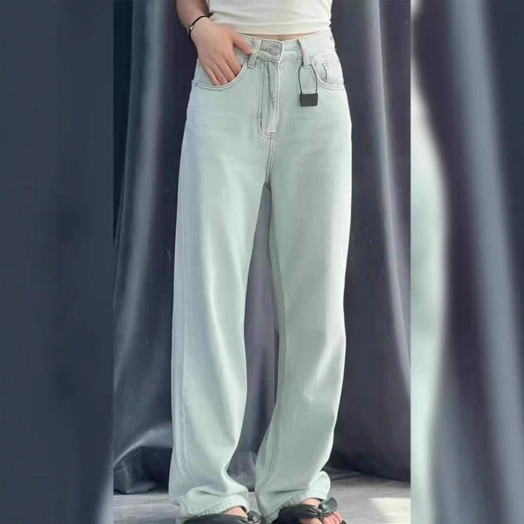 Spring and Autumn High Waist Mint Green Wide Leg Jeans for Women2025New Year's New Slimming Hip Covering Loose Straight Long Pants