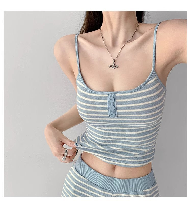 Home Lazy Relaxed Striped Slimming Wide-Leg Pants for Women Summer Hot Girl Fashion Camisole Vest Casual Two-Piece Set
