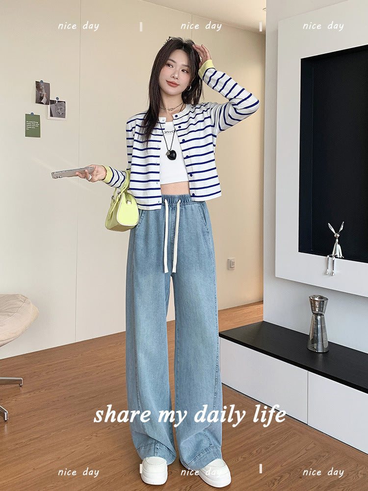 Tencel Jeans for Women Summer Thin Elastic Waist High Waist Draped Large Size Loose Straight Side Seam Front-Moved Wide-Leg Pants
