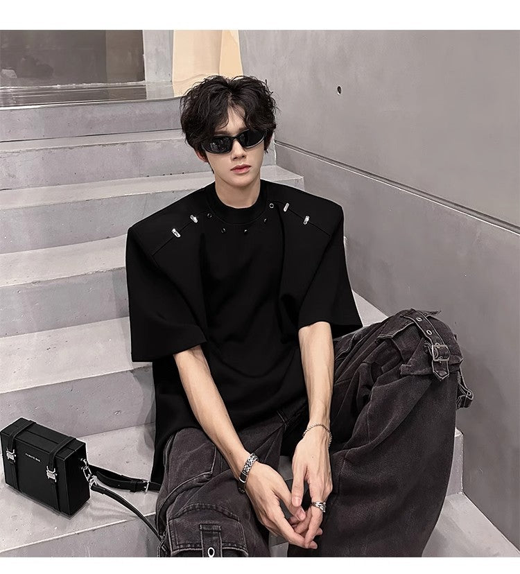 2025High-end Stylish Padded Shoulder Short Sleeve T Men's Summer Shirt with Unique Metal Decoration Design Heavyweight Top t T-shirt