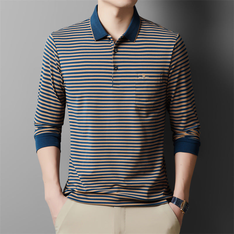 Autumn Men's Long Sleeve Cotton t Shirt for Middle-aged Dad Autumn Outfit with Turn-down Collar and Stripes POLO Base Layer Shirt T Grandpa's clothes