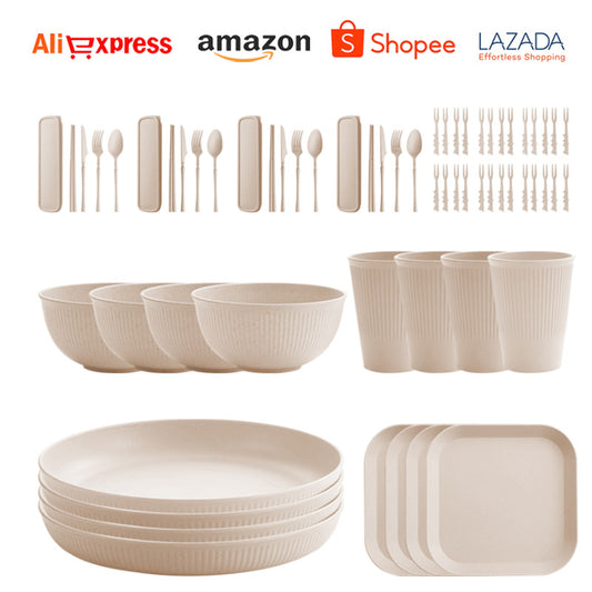 TEMU Amazon Wheat Straw Plate Bowl Cup Tableware Set Household Dining Plate Rice Bowl Water Cup Tableware Set Eco-friendly