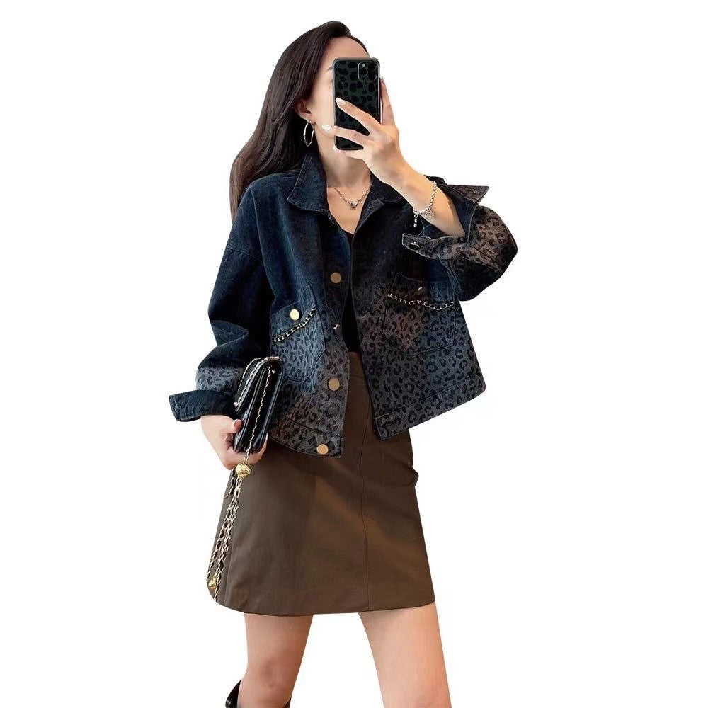Black Vintage Leopard Print Denim Jacket for Women Fashion Short Coat Autumn Women's Clothing2022New Arrival Jacket