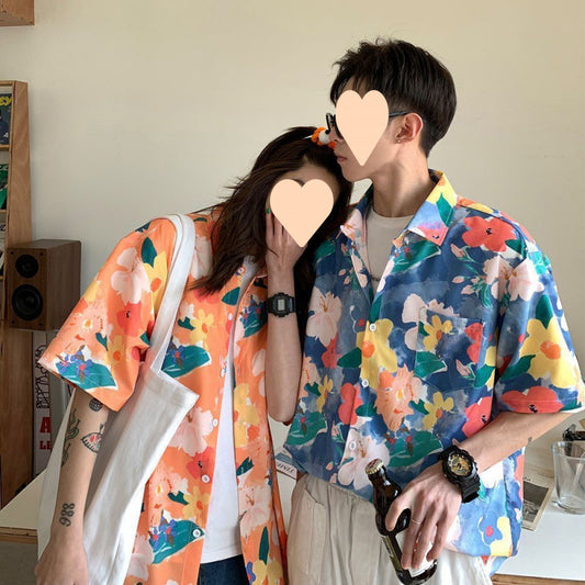 Summer Short Sleeve Floral Shirt for Men and Women Hawaiian Retro Hong Kong Style Loose Ice Silk Shirt Couple Outfit