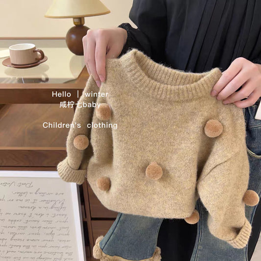 Little Salt Lemon Girl's Sweater Set Autumn Winter New Fashionable Baby Knitted Top One-Piece Fleece Jeans Two-Piece Set