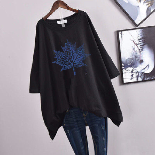 200Plus Size Women's Summer Leaf Print Casual Split Mid-Length Short Sleeve Dress T Women's Loose Fit Plus Size Shirt