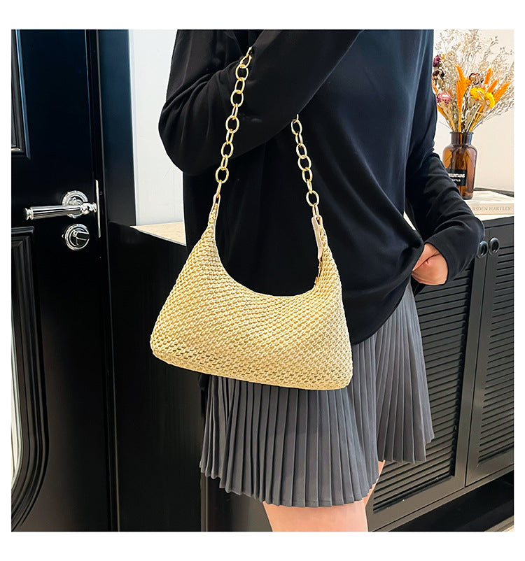 South Korea ins Vintage Woven Tote Bag Straw Bag Large Capacity Underarm Bag Shoulder Bag Vacation Style Beach Bag for Women