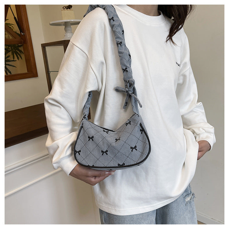 Sweet Bow Plaid Single Shoulder Underarm Crescent Bag2024Autumn new simple casual large capacity handbag