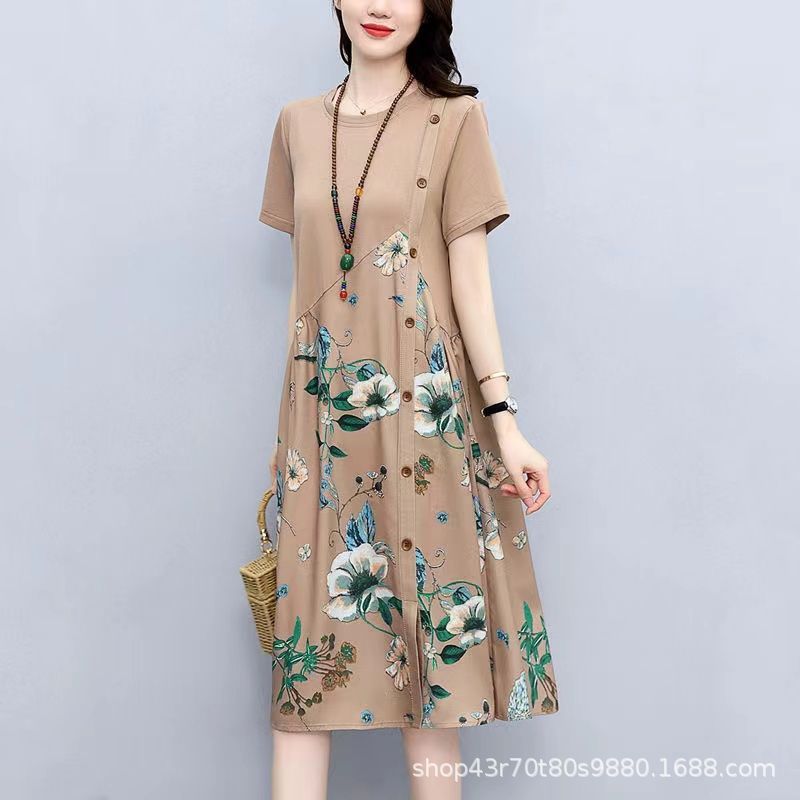Summer Plus Size Fashion Patchwork Dress2025New Loose Slimming Belly-Covering Age-Reducing Elegant Fake Two-Piece Dress