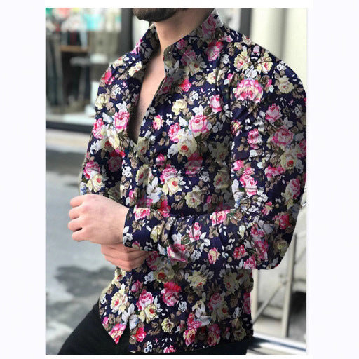 Spring and Autumn Long Sleeve Shirt Cross-Border European and American Printed Shirt Amazon Men's Casual Floral Shirt Slim Fit Shirt for Men