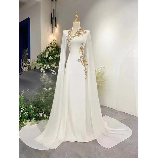 White evening dress with a high-end feel2025New Model Music Student Art Exam Vocal Performance Female Singer Folk Song Solo Performance Elegant