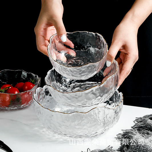 Japanese Style Glass Bowl Gold Rim Salad Bowl Transparent Fruit Plate Dessert Bowl Instant Noodle Bowl Rice Bowl Tableware Household Snack Bowl