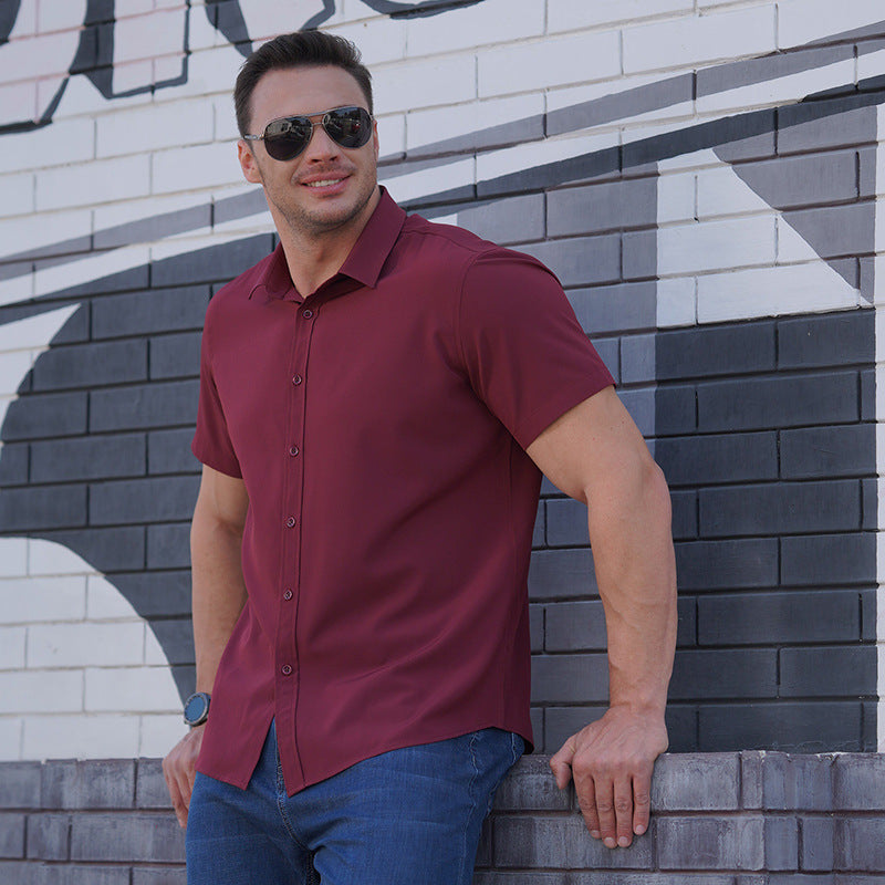 Plus Size Men's Clothing Fat Guy Summer Thin Short Sleeve Shirt Fat Brother Business Casual Loose Slightly Elastic Solid Color Professional Shirt