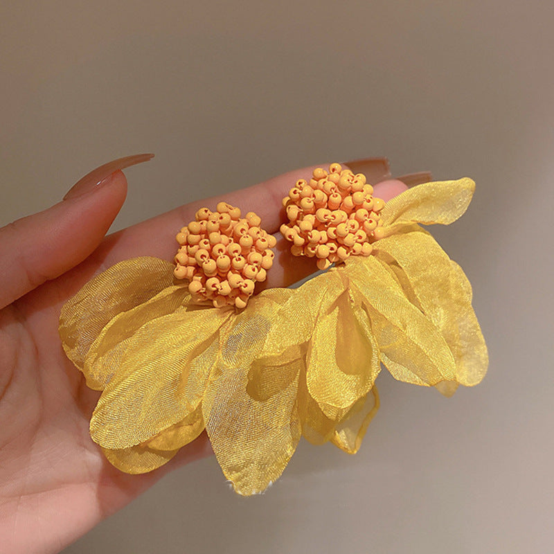 Resort Style Silver Needle Fabric Flower Tassel Earrings High-End Fashion Earrings Bohemian Sweet Exaggerated Ear Jewelry